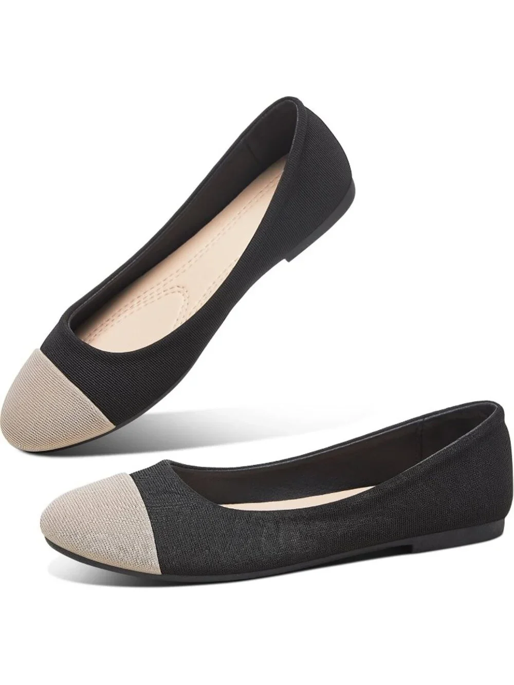 Women's Black Tan Textile Round Toe Flat Shoes Slip on Dress Comfortable